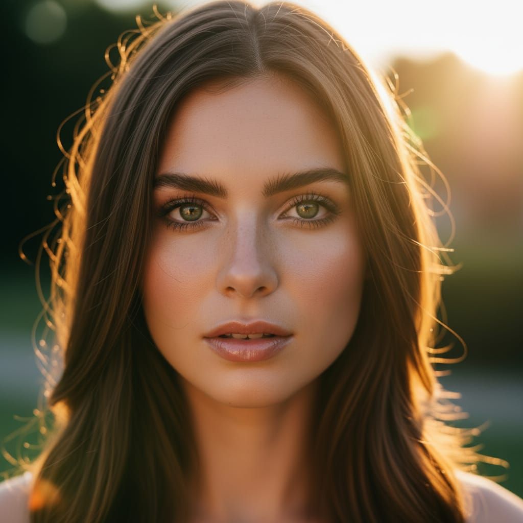 Hyper-Realistic Portrait of a Young Woman in Golden Hour Lig...