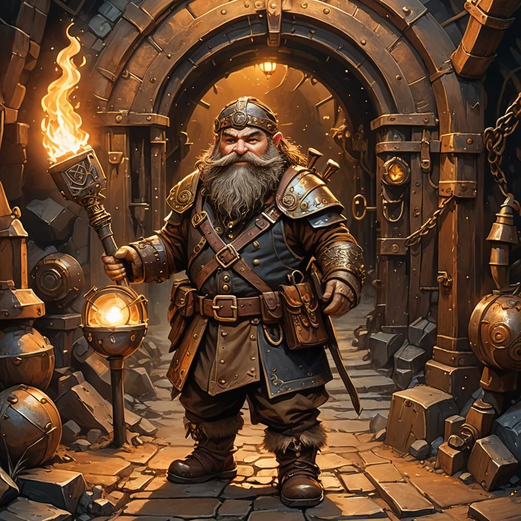 Steampunk Dwarf at Mine Entrance in Surreal Style