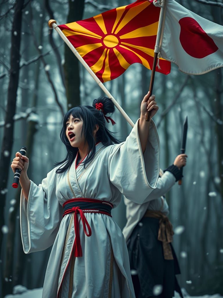 Victorious Japanese Warrior in Snowy Forest, Cinematic Light...
