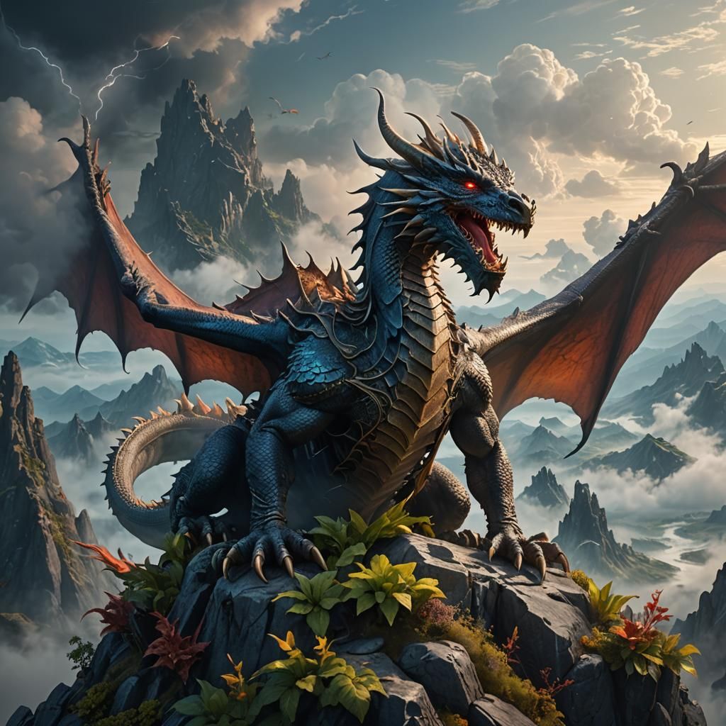 Detailed Dragon on Mountain: Fantasy Digital Art