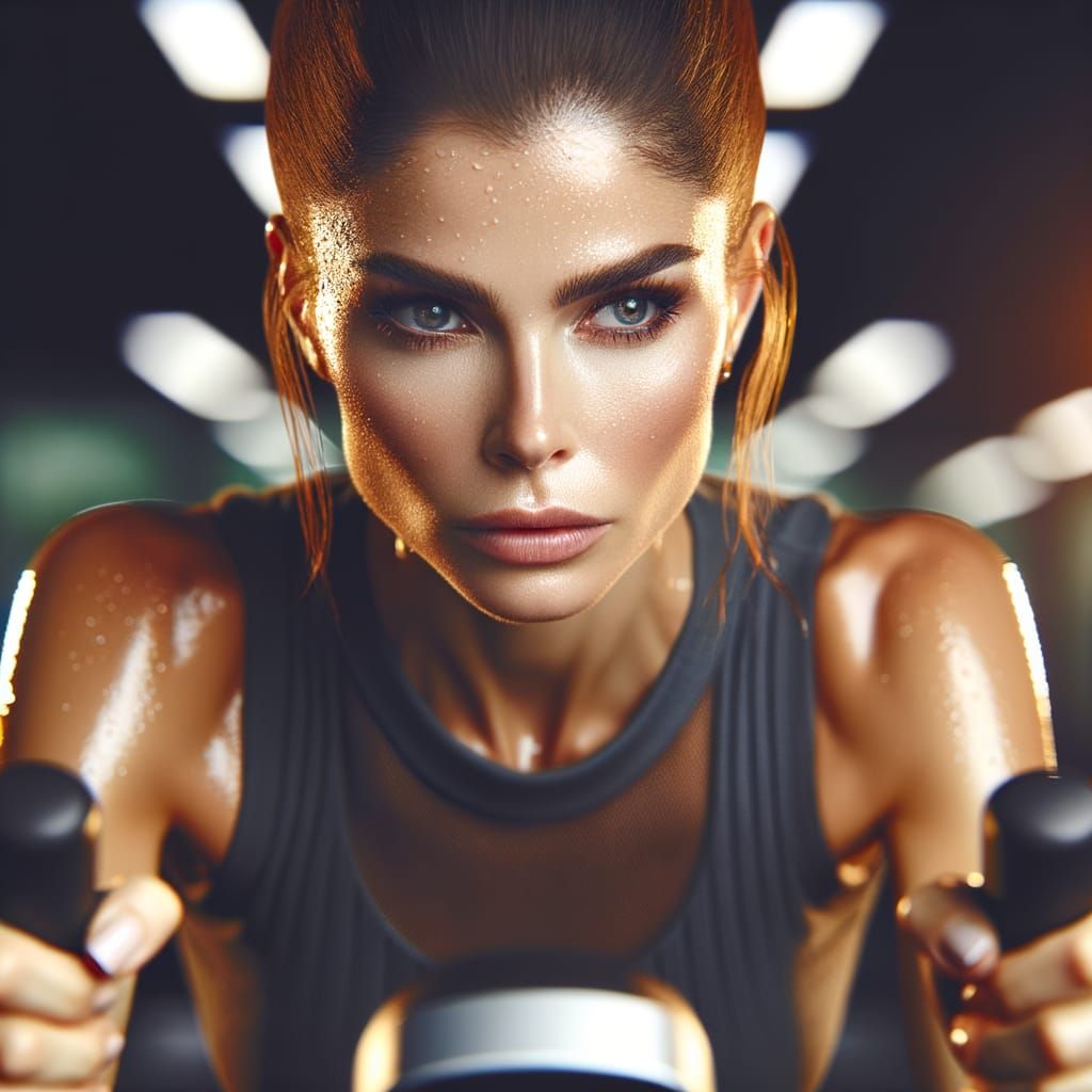 Sweaty Woman on Exercise Bike, Studio Portrait