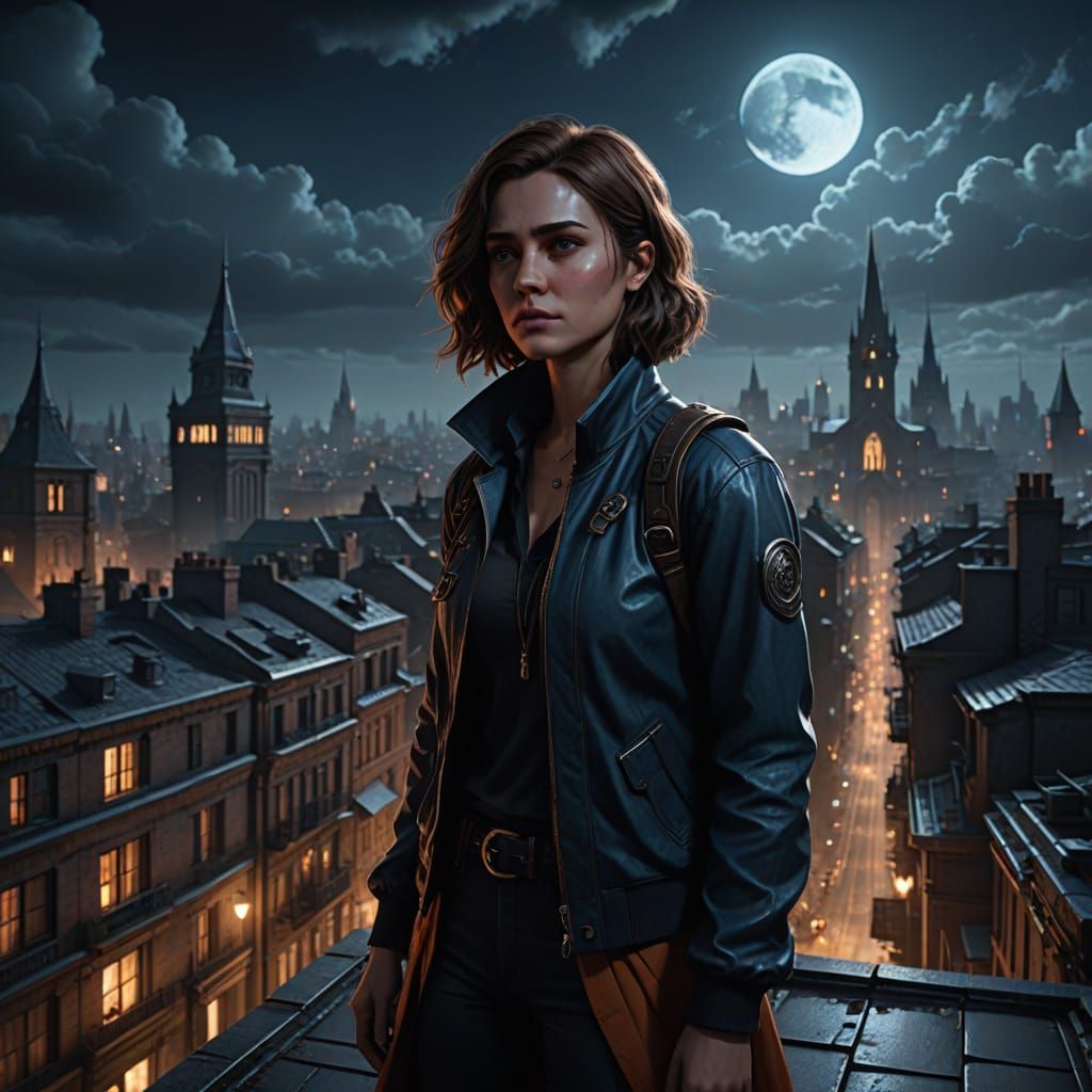 Noir Fantasy Woman on Rooftop at Midnight