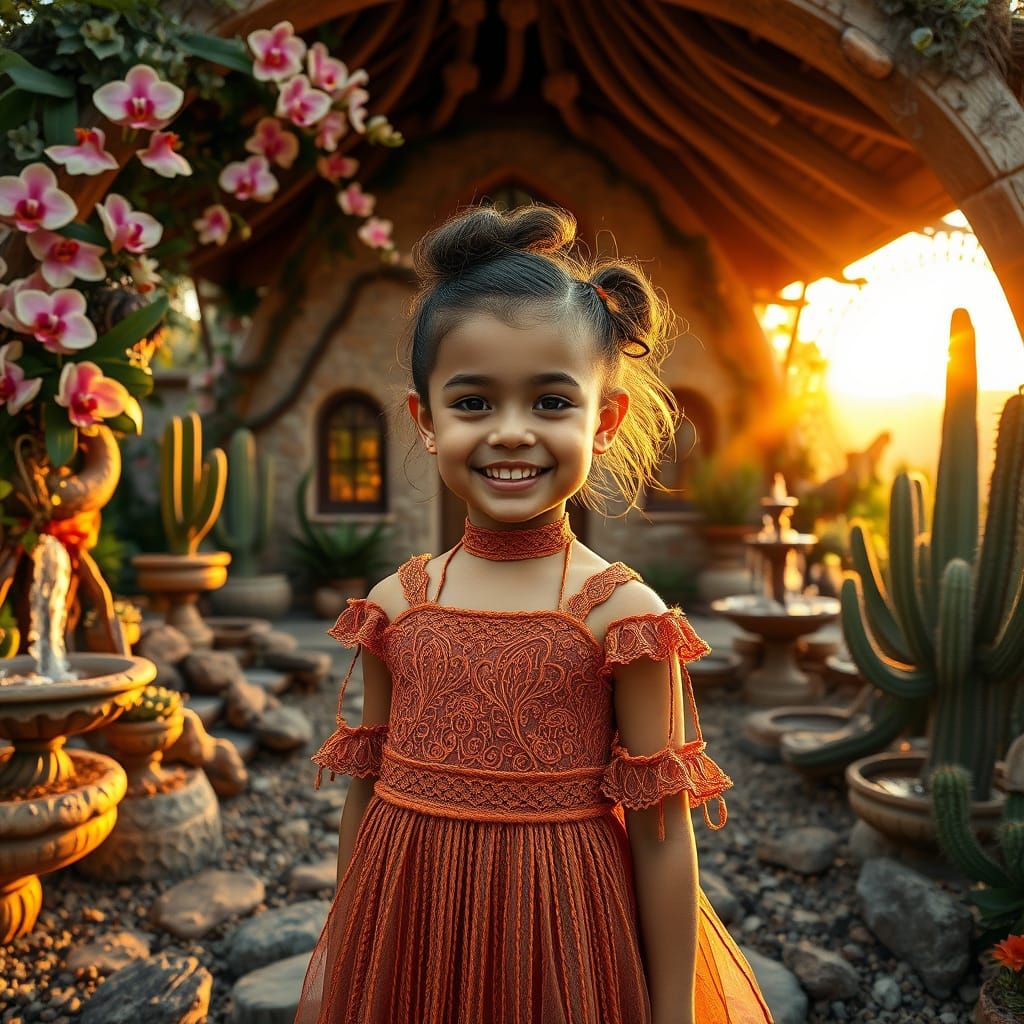 Child in Fractal Dress by Eco Cabin at Sunset