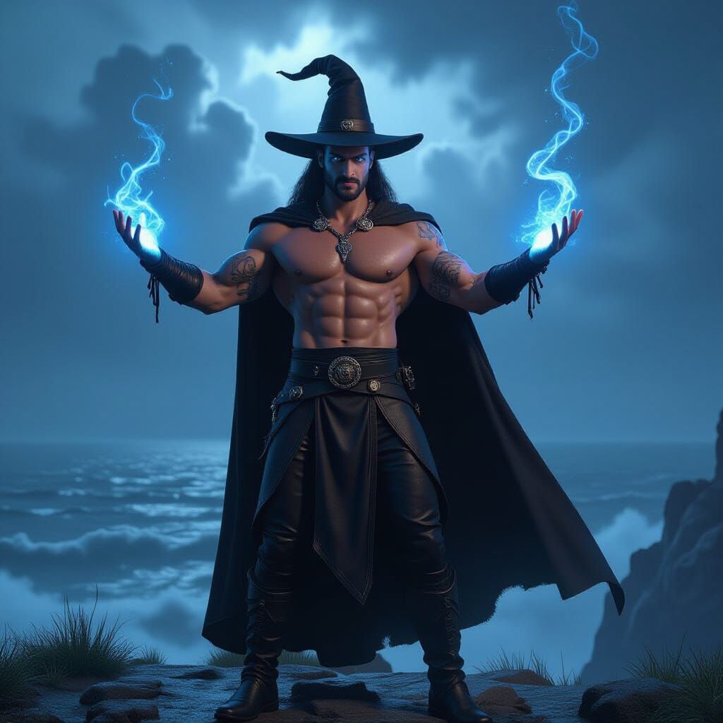 Muscular Male Witch on Cliff Overlooking Stormy Sea