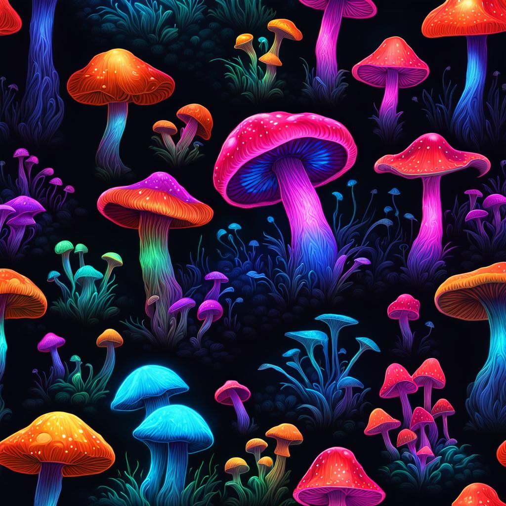 Glowing Neon Mushrooms in a Dark Fantasy Style