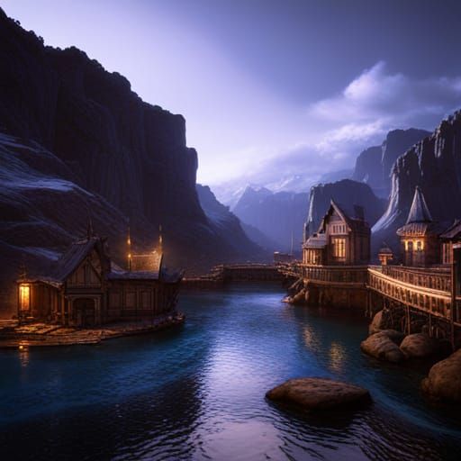 Fantastical River at Night in Detailed Matte Painting