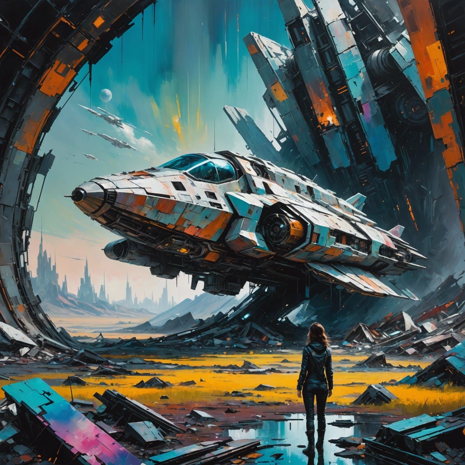 Futuristic Landscape with Woman in Abstract Oil Painting