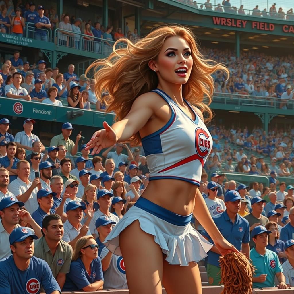 Chicago cubs cheerleader entertaining a baseball crowd in the Wrigley field ballpark