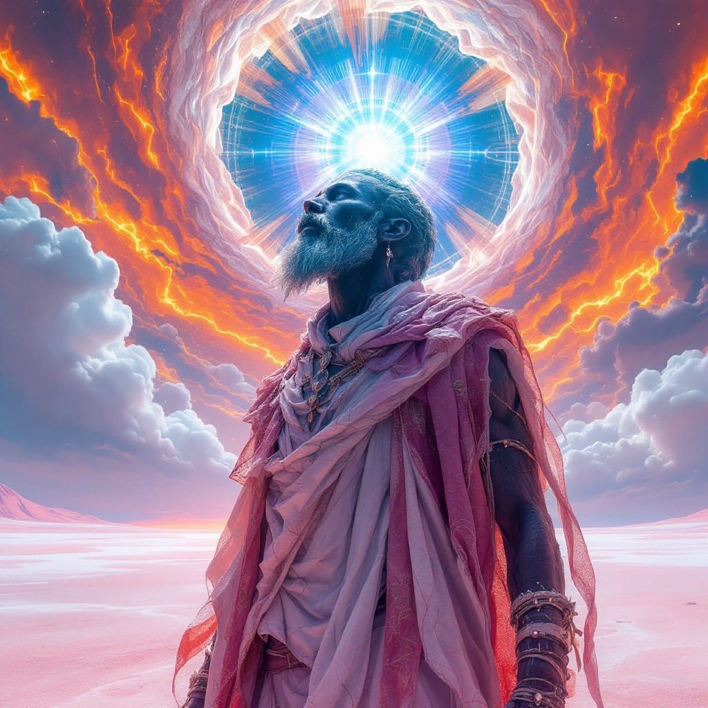 Mystical Figure Gazing Upward in Surreal Landscape