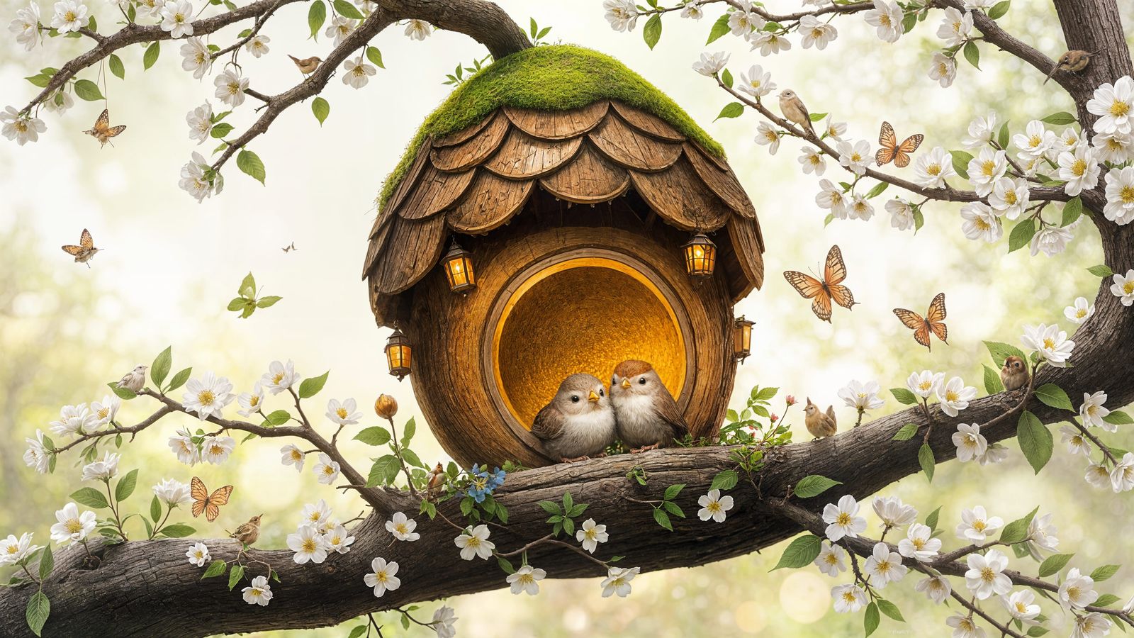 Whimsical Birdhouse on Blossoming Branch in Spring