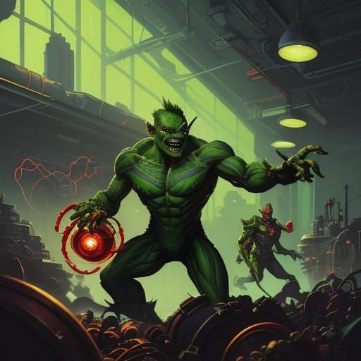 Retro-Futuristic Goblin Hesitates in Mad Professor's Lab