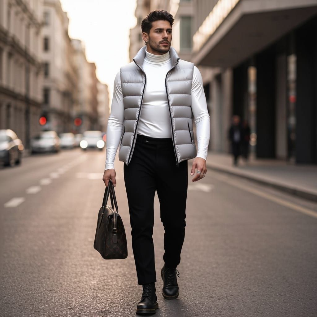 Man in Shiny White PVC Turtleneck and Grey Puffer Vest