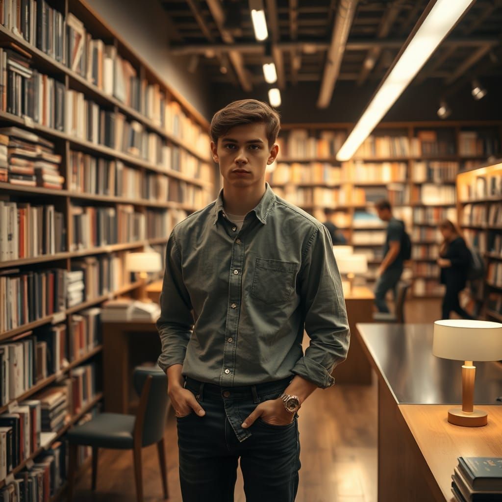 Melancholic Bookstore Clerk in Photorealistic Style