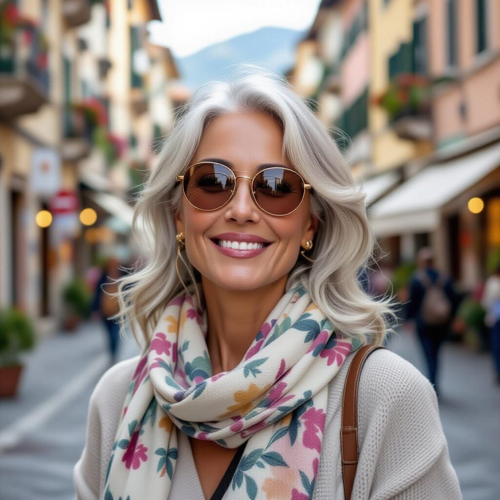 Beautiful Woman With Silver Hair Traveling Italy