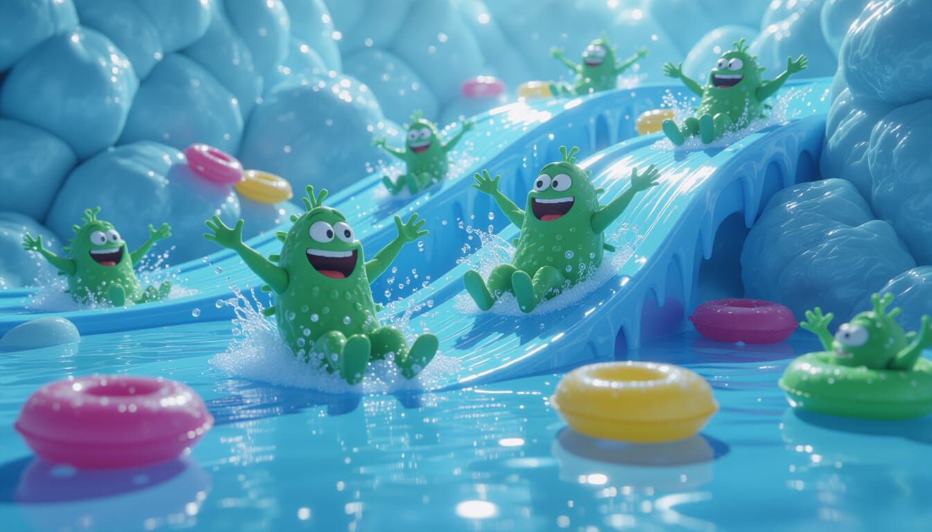 Germs Enjoying Microscopic Water Park in Macro Shot