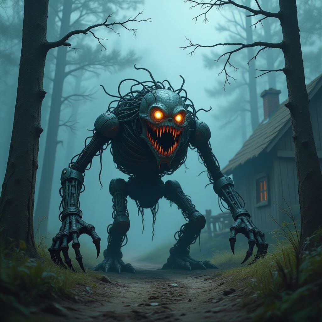 Twisted Metal Scrap Creature in Dark Woods