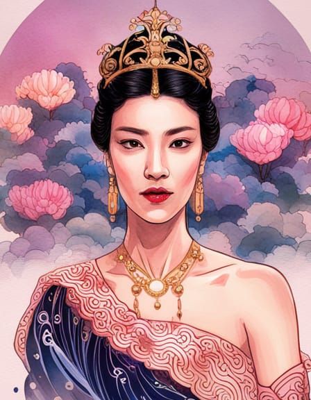 Watercolor Portrait of a Beautiful Chinese Empress