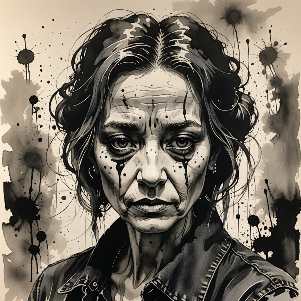 A Somber, Ink Wash Painting of Despair