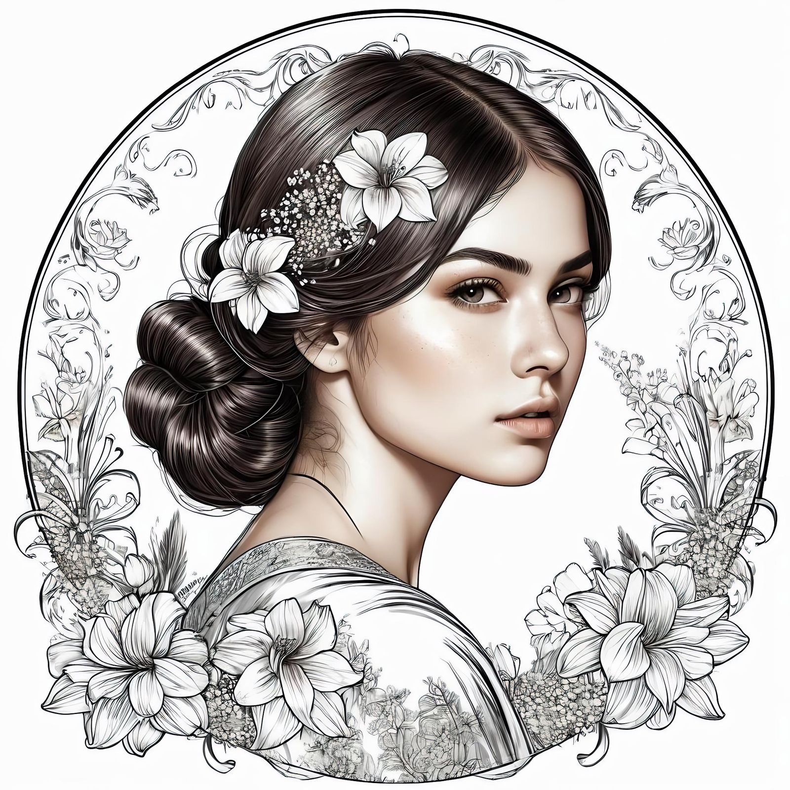Hyperdetailed Line Art Portrait with Floral Background