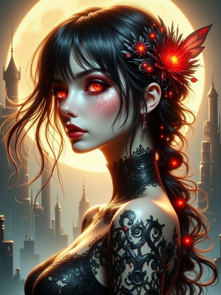 Gorgeous Woman With Red Eyes in Gothic Castle
