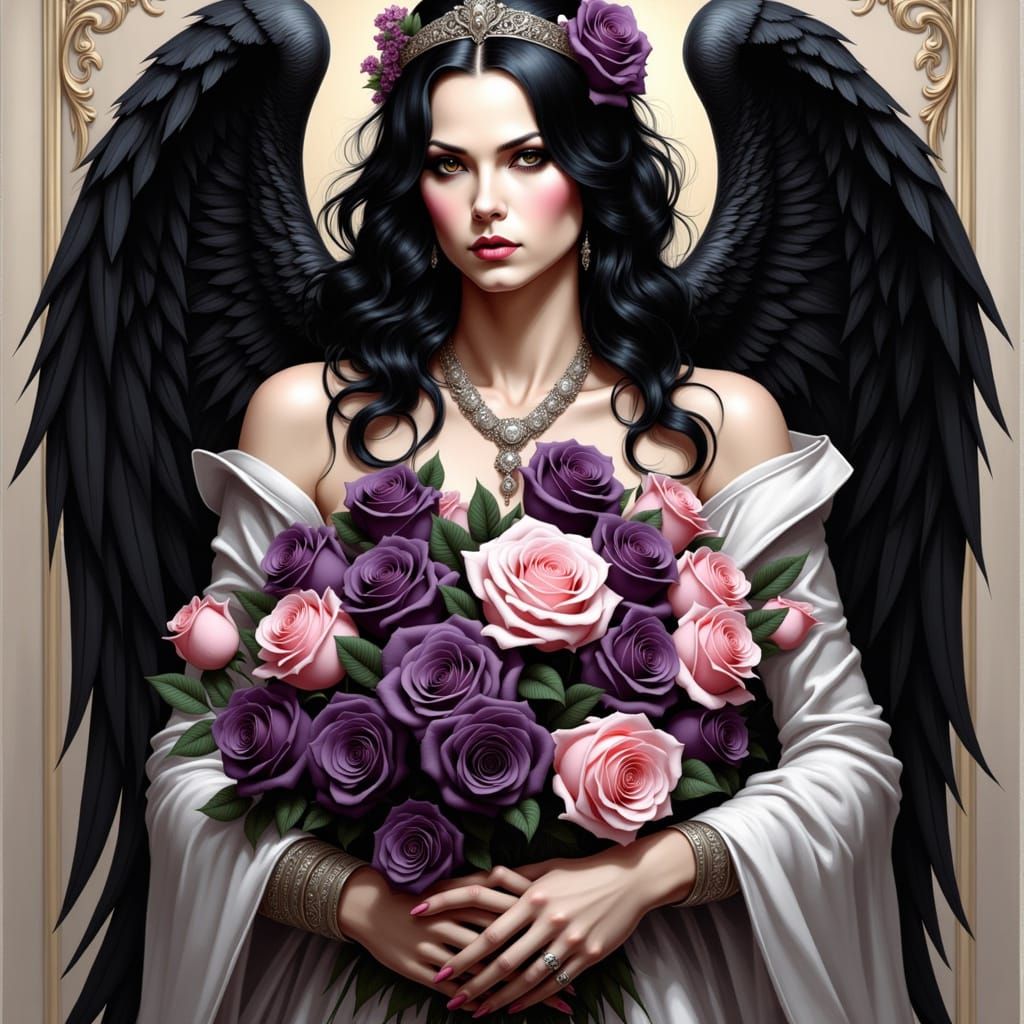 Angel Holding a Bouquet of Dark Roses in a Hauntingly Beauti...