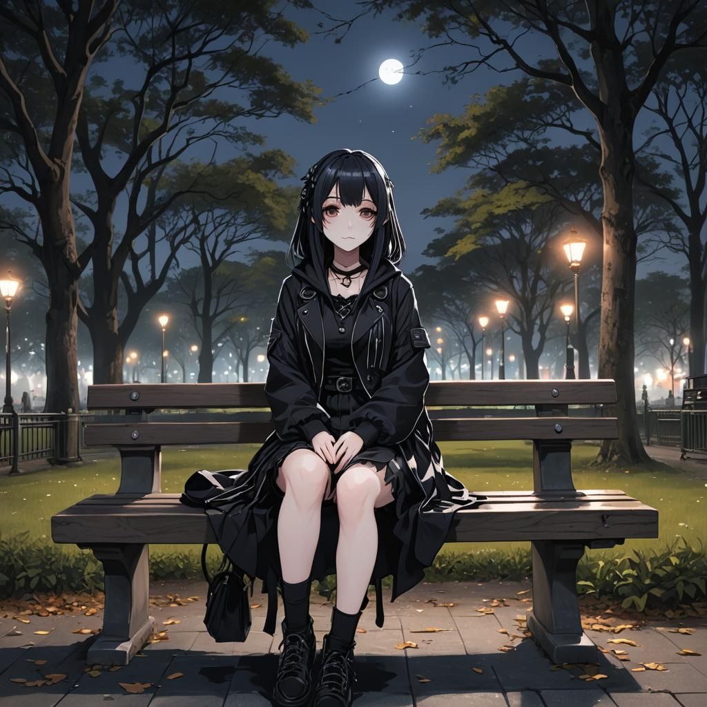 Goth Anime Girl Listening to Music at Night