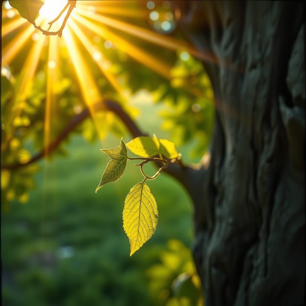 Vibrant Green Leaf on Ancient Tree, Oil Painting Style