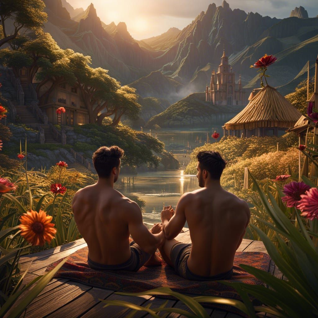 Handsome Men Relaxing on Beach in 3D