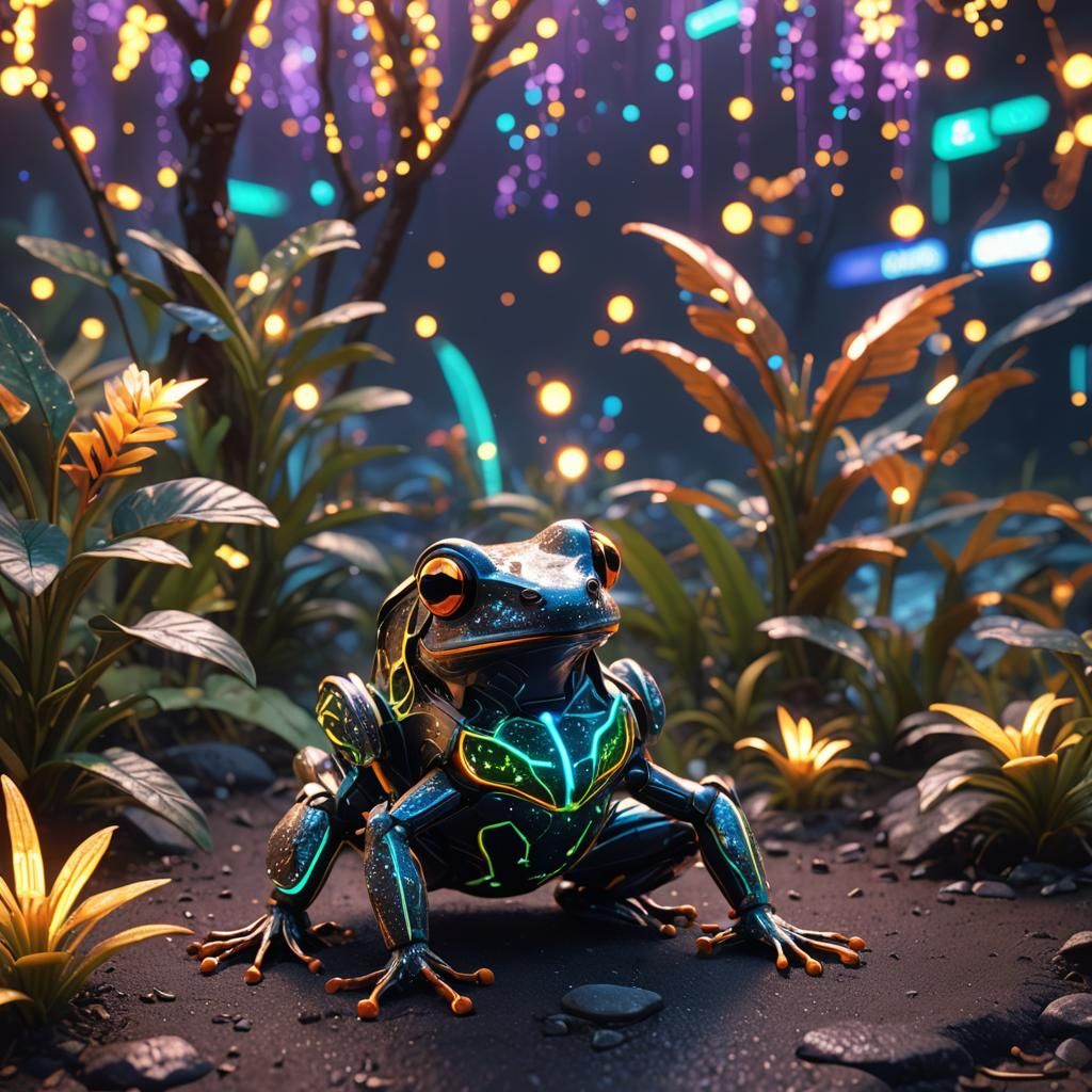 Luminescent Dart Frog with Wings in Neon Light