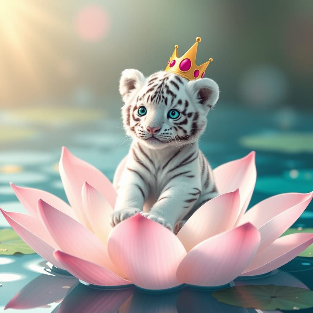 White Tiger Cub King on Lotus Flower