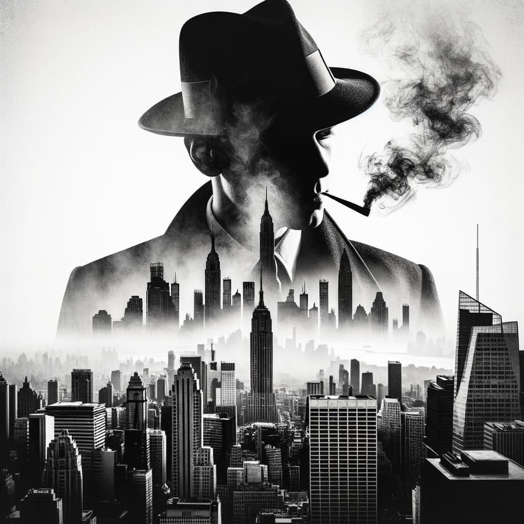 Gangster Silhouette Merged with 1940s New York Cityscape