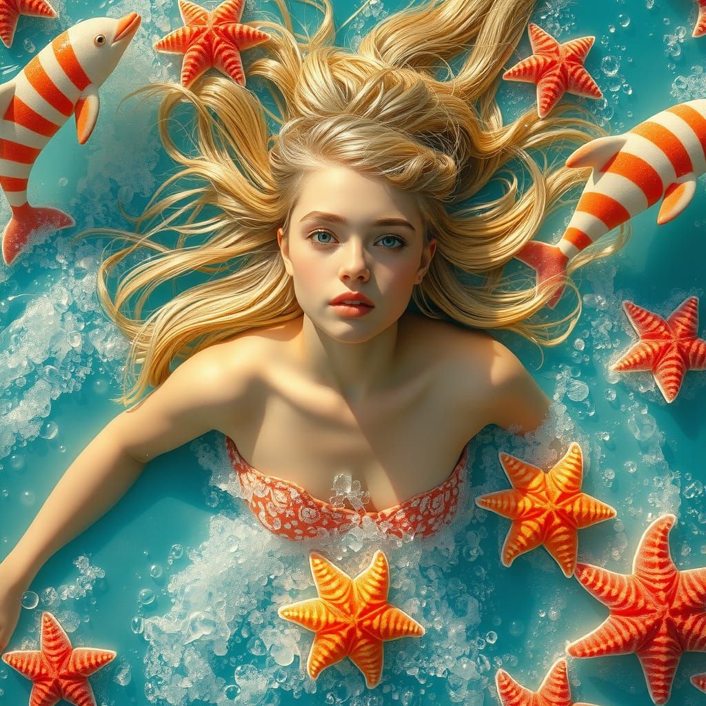 Woman Floats on Soda Sea in Dreamlike Pop Art Style