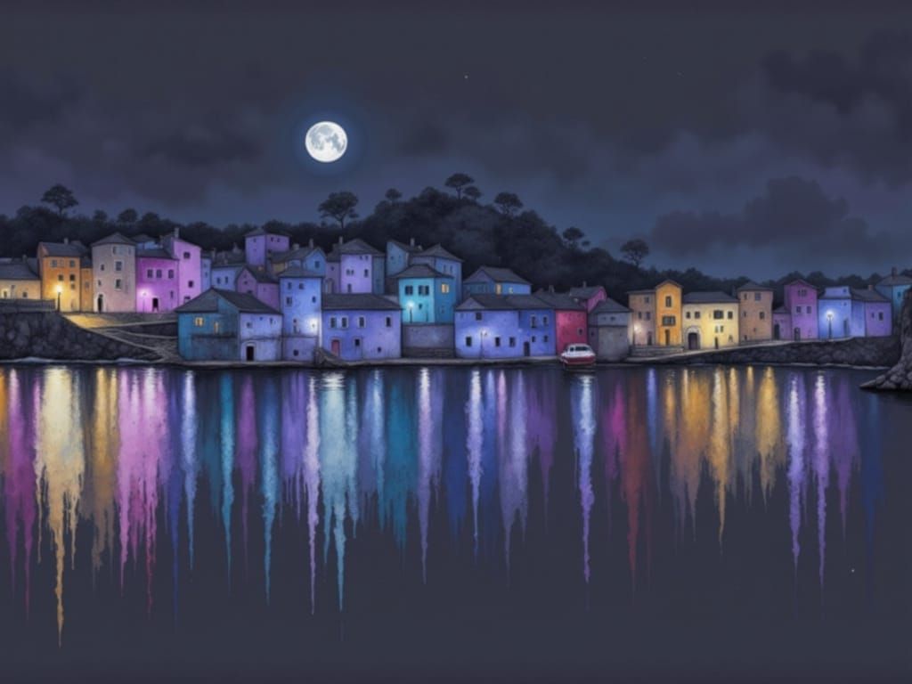Magical Seaside Village Under Vibrant Full Moon