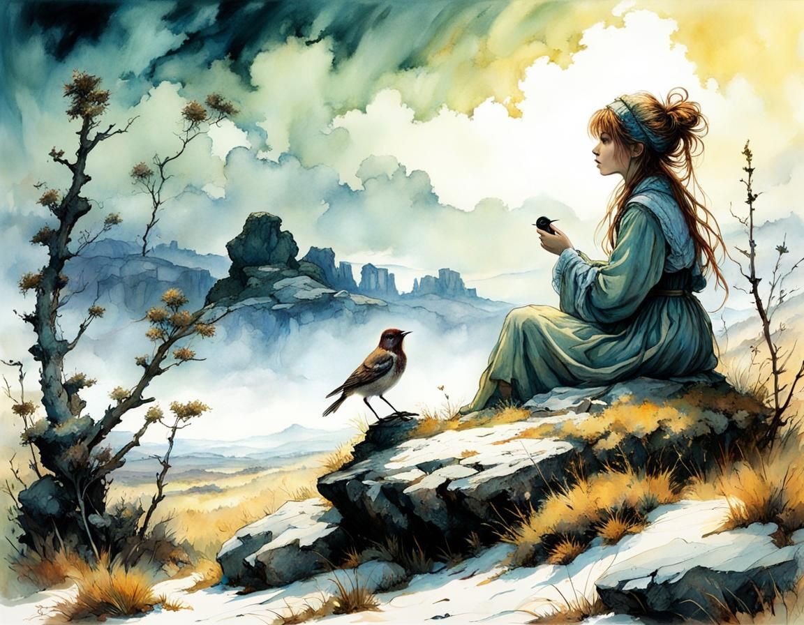 Girl with Singing Bird in Heathland, Rackham Style