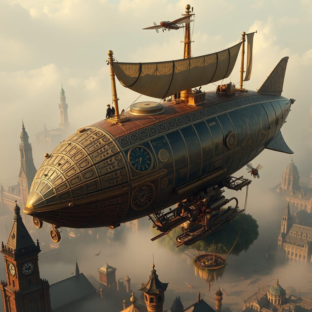 Majestic Steampunk Airship Hovers Above Victorian Cityscape ...