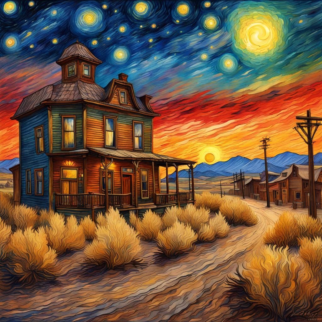 Western Saloon Under Starry Sky in Van Gogh Style