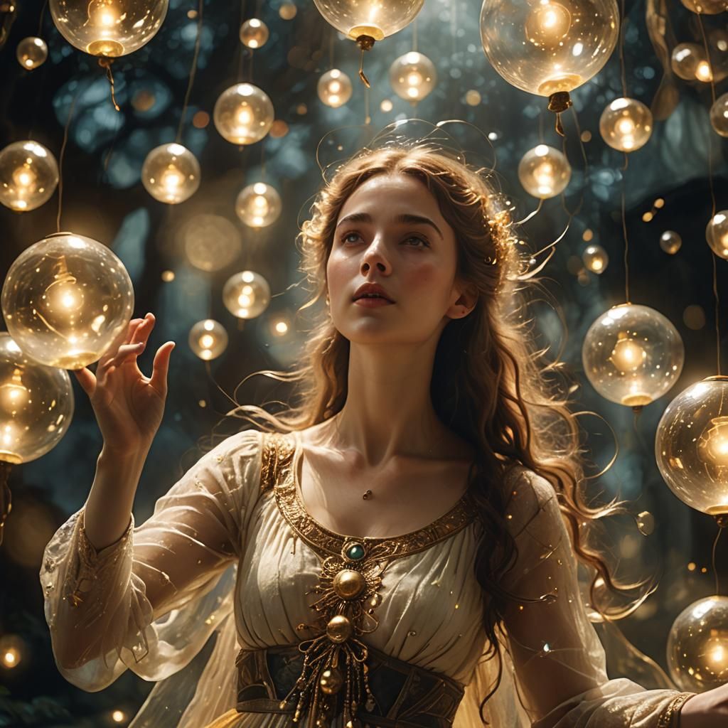 Ethereal Goddess Surrounded by Glowing Orbs