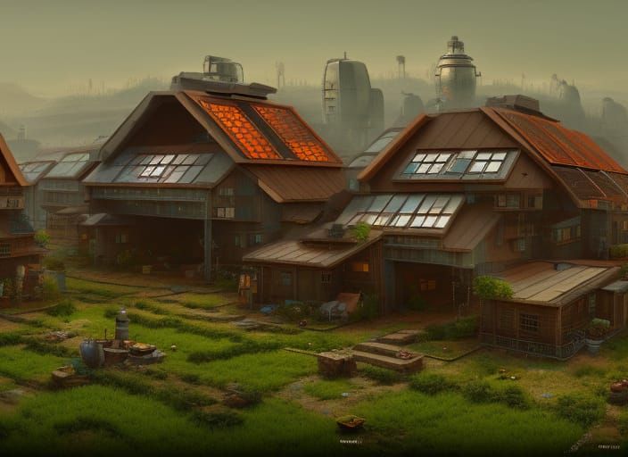 Futuristic Solarpunk Farmhouses in Detailed Matte Painting