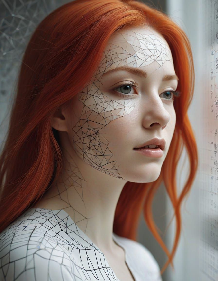 Glitch Art Portrait of Redhead with Data Streams