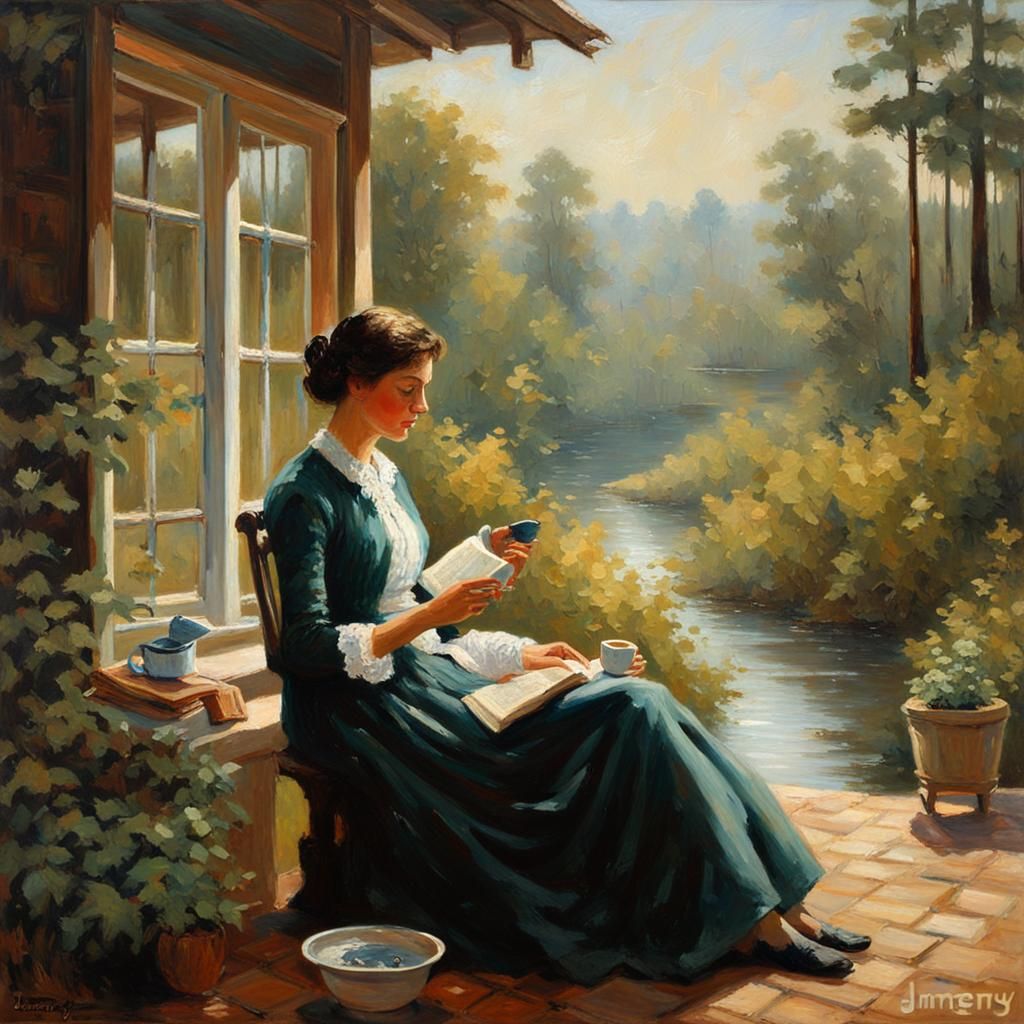 Lady Reading Novel in Forest, Oil Painting
