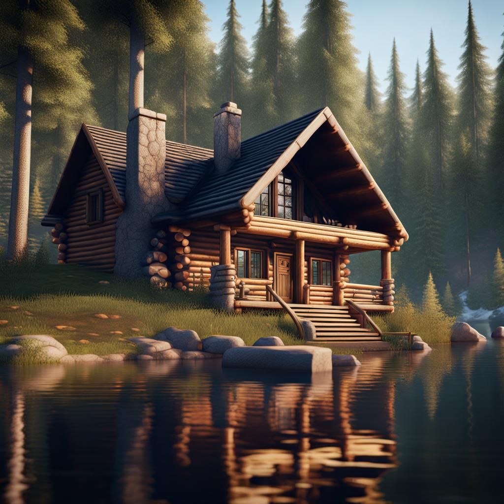 Luxurious Lakeside Cabin in Forest, Detailed Digital Art
