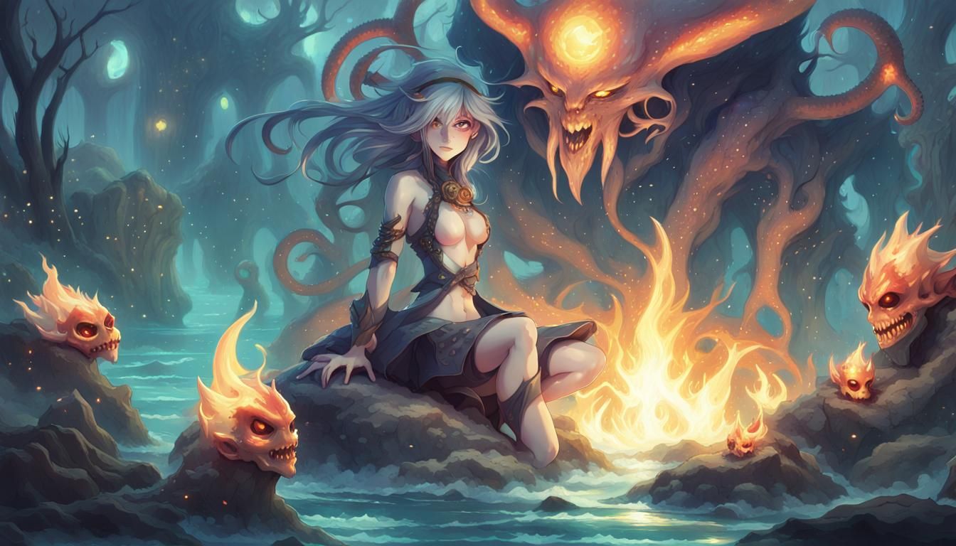 Aquatic Alien Sorceress in Fantasy Battle, 3D Game Art