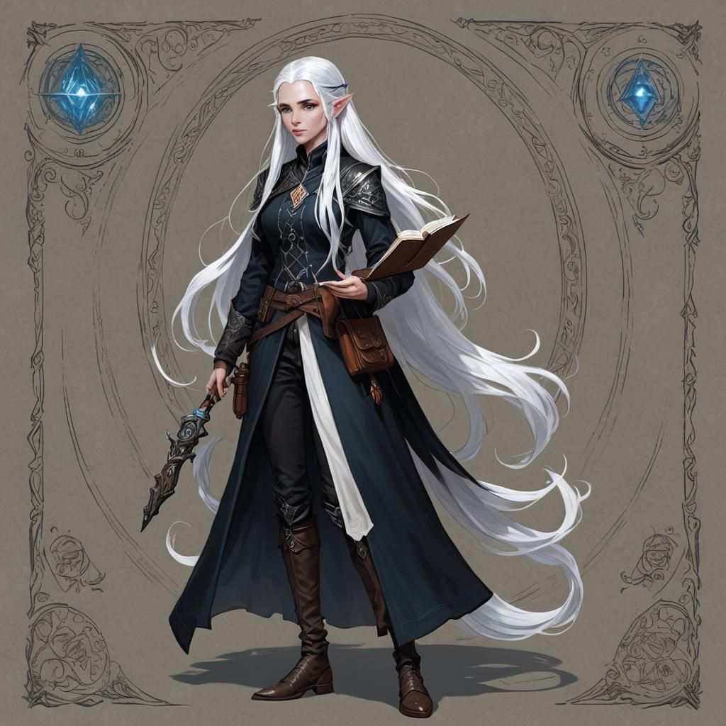 Elf girl wizard dnd, really long white hair, order of scribe...