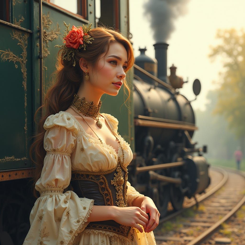 Steampunk Woman by Steam Train in Watercolor Style