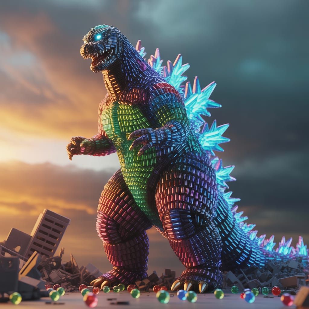 Godzilla Constructed from Colorful Glass Beads in 3D Render