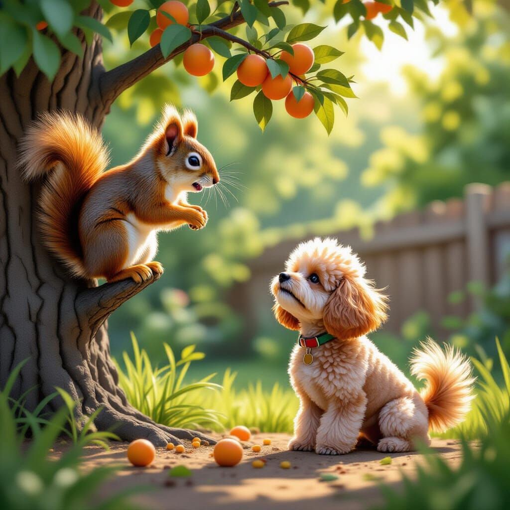 Squirrel Teases Poodle in Sunny Backyard