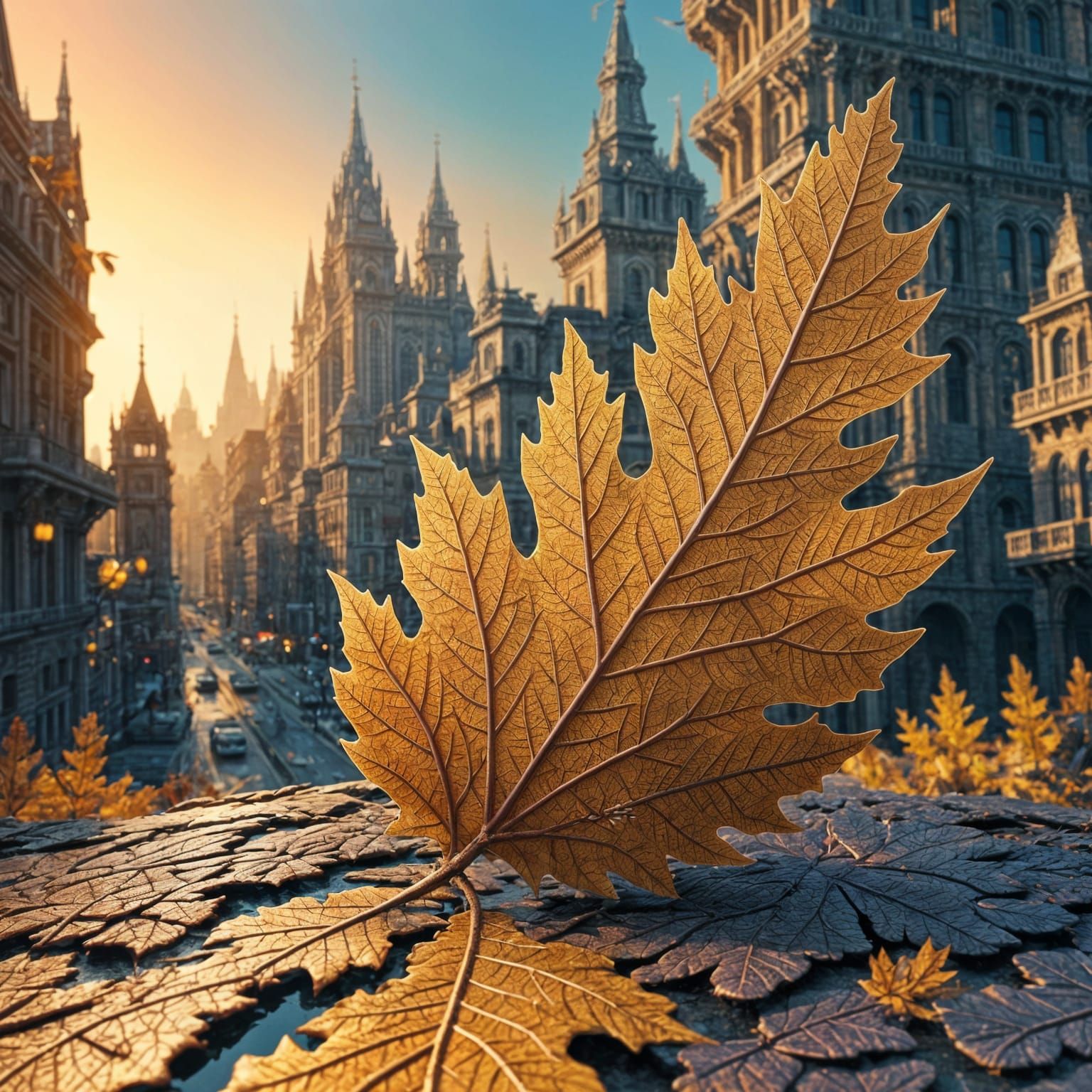 Miniature City on Oak Leaf, Comic Art Style