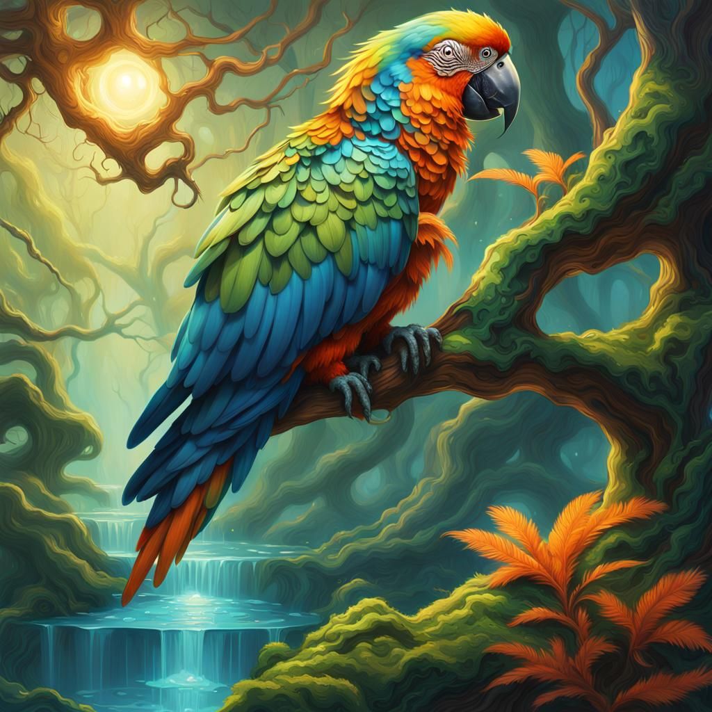 Parrot in Treehouse: Vibrant Fantasy Concept Art