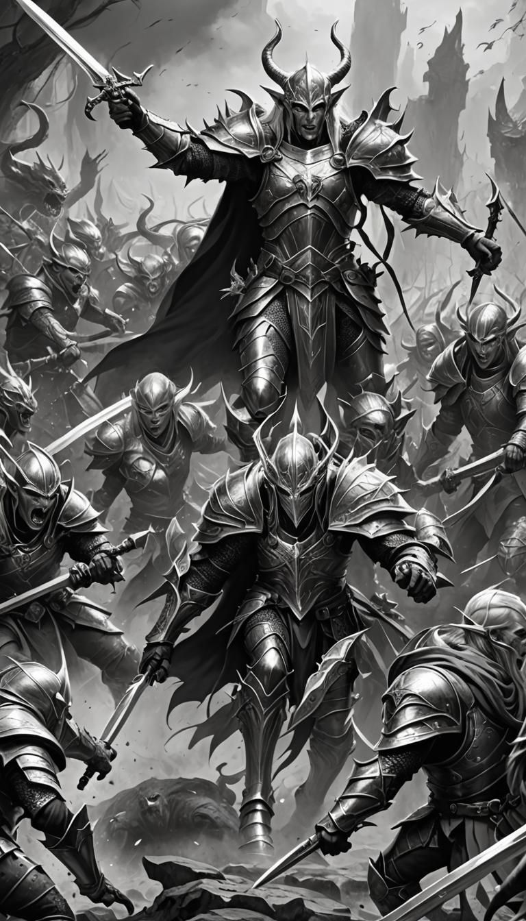 Elves Fighting Monsters in Grayscale Armor
