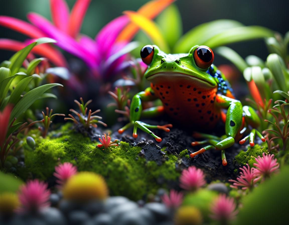Brightly Colored Frog in Detailed Terrarium